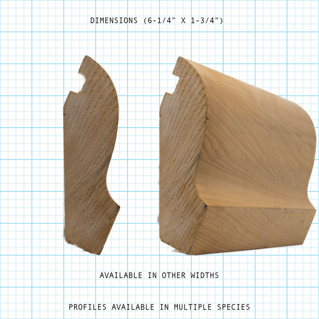 Wooden handrail profile diagram, 6-1/4" x 1-3/4" dimensions.