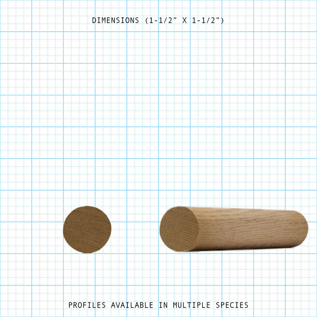 Round wooden handrail profile diagram, 1-1/2" x 1-1/2" dimensions.