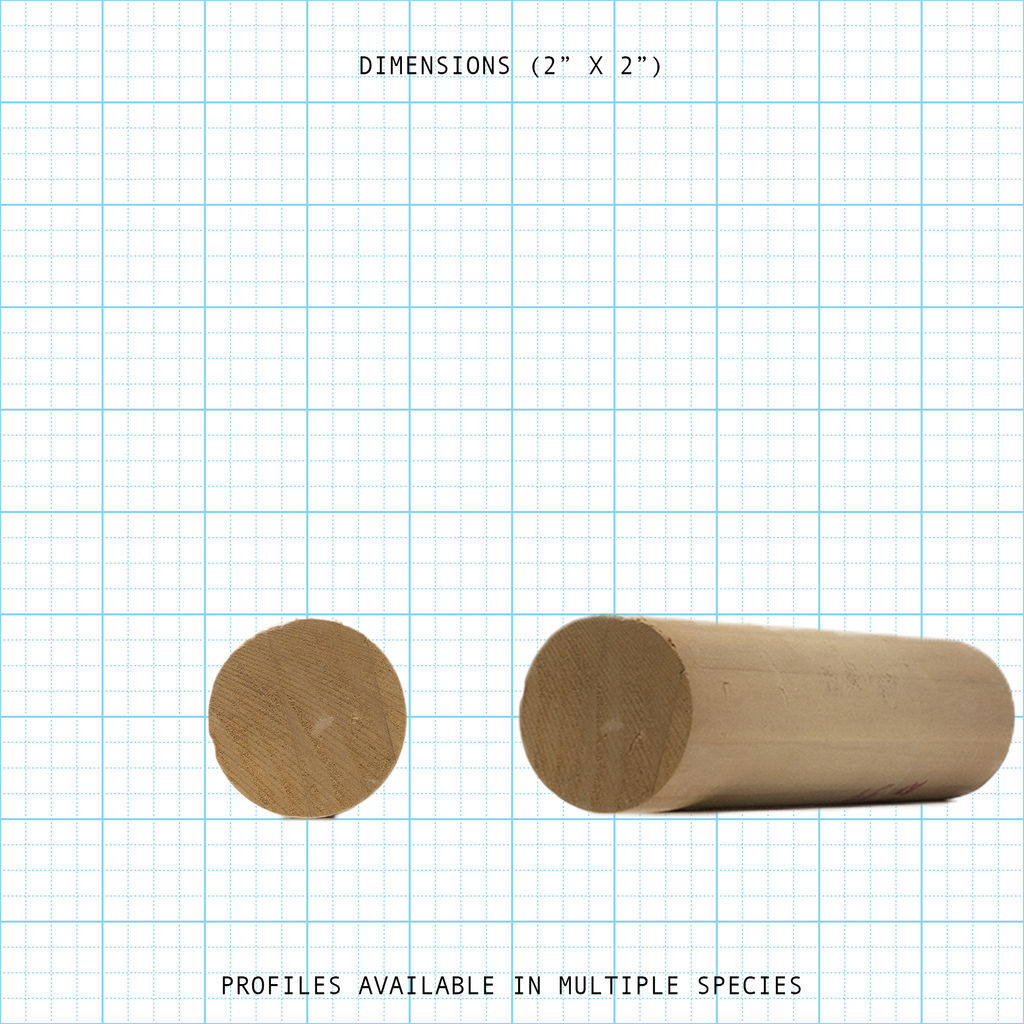 Round wooden handrail profile diagram, 2" x 2" dimensions.