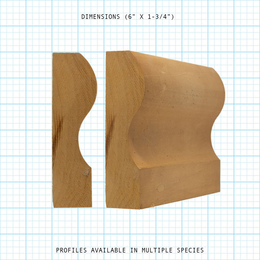 Wooden handrail profile diagram, 6" x 1-3/4" dimensions.