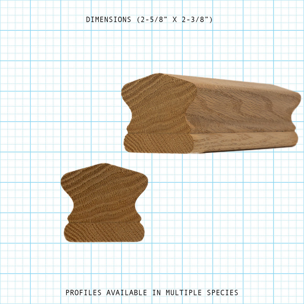 Wooden handrail profile diagram, 2-5/8" x 2-3/8" dimensions.