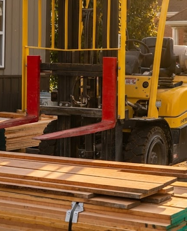 A yellow forklift with red forks stands by stacks of lumber, illustrating operations about Cygnus Lumber.