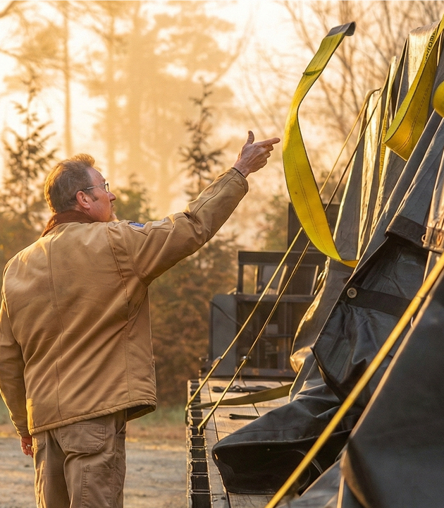 A man inspects lumber strapped on a truck, reflecting Cygnus Lumber's dedication to careful transport.