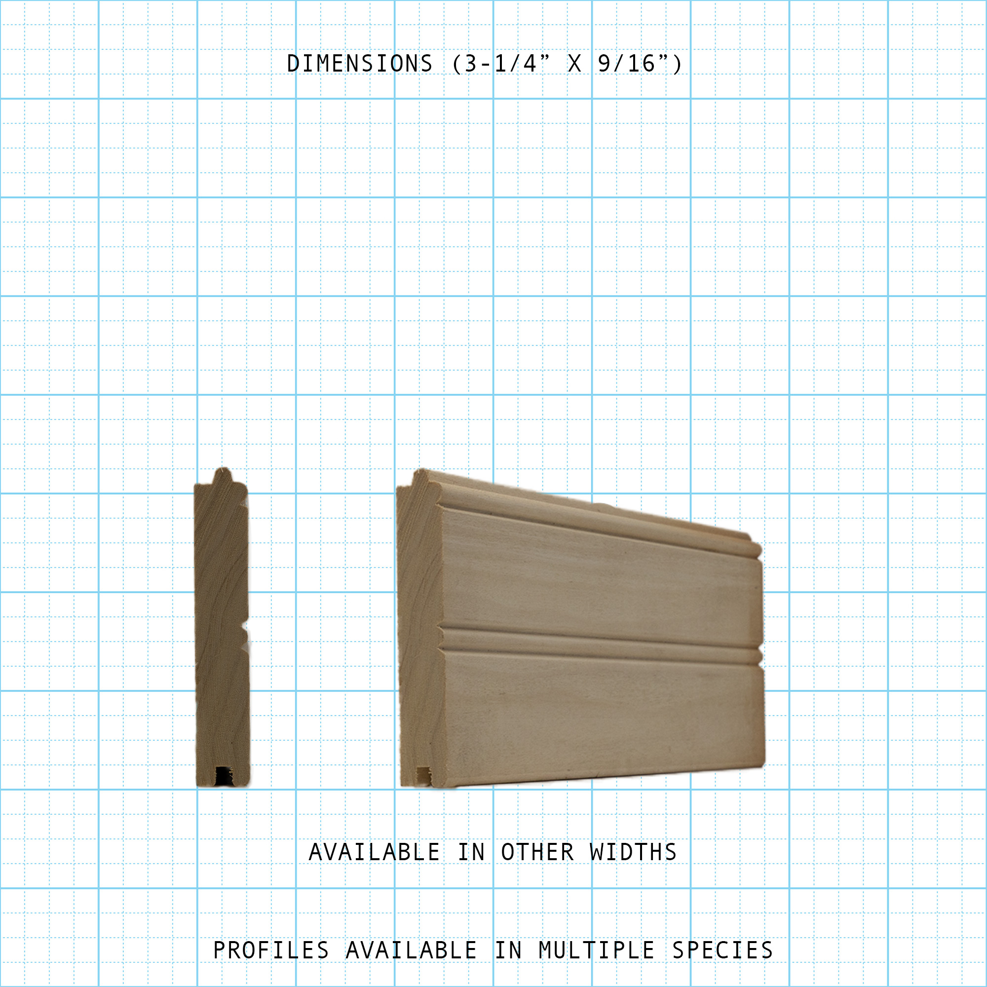 Paneling wainscot molding profile, 3-1/4" x 9/16" dimensions.