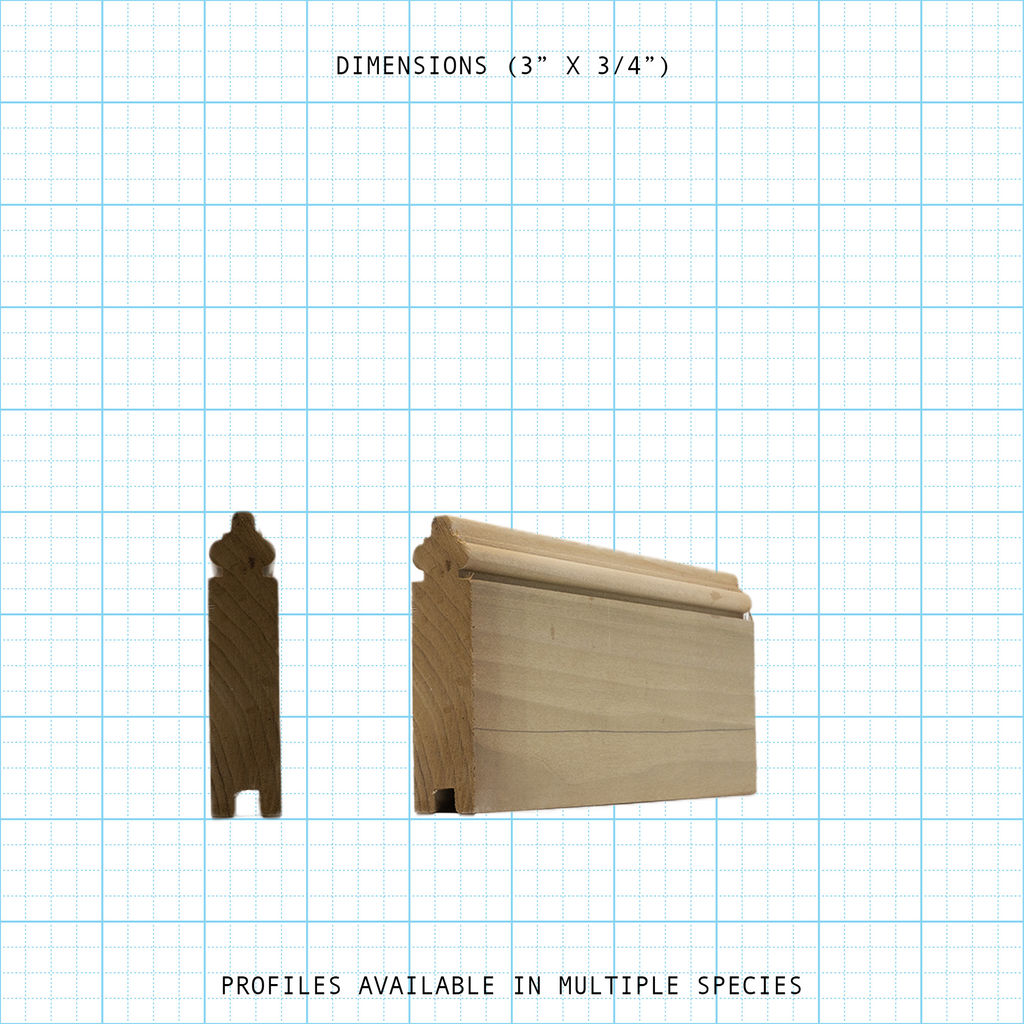 Paneling wainscot molding profile, 3" x 3/4" dimensions.