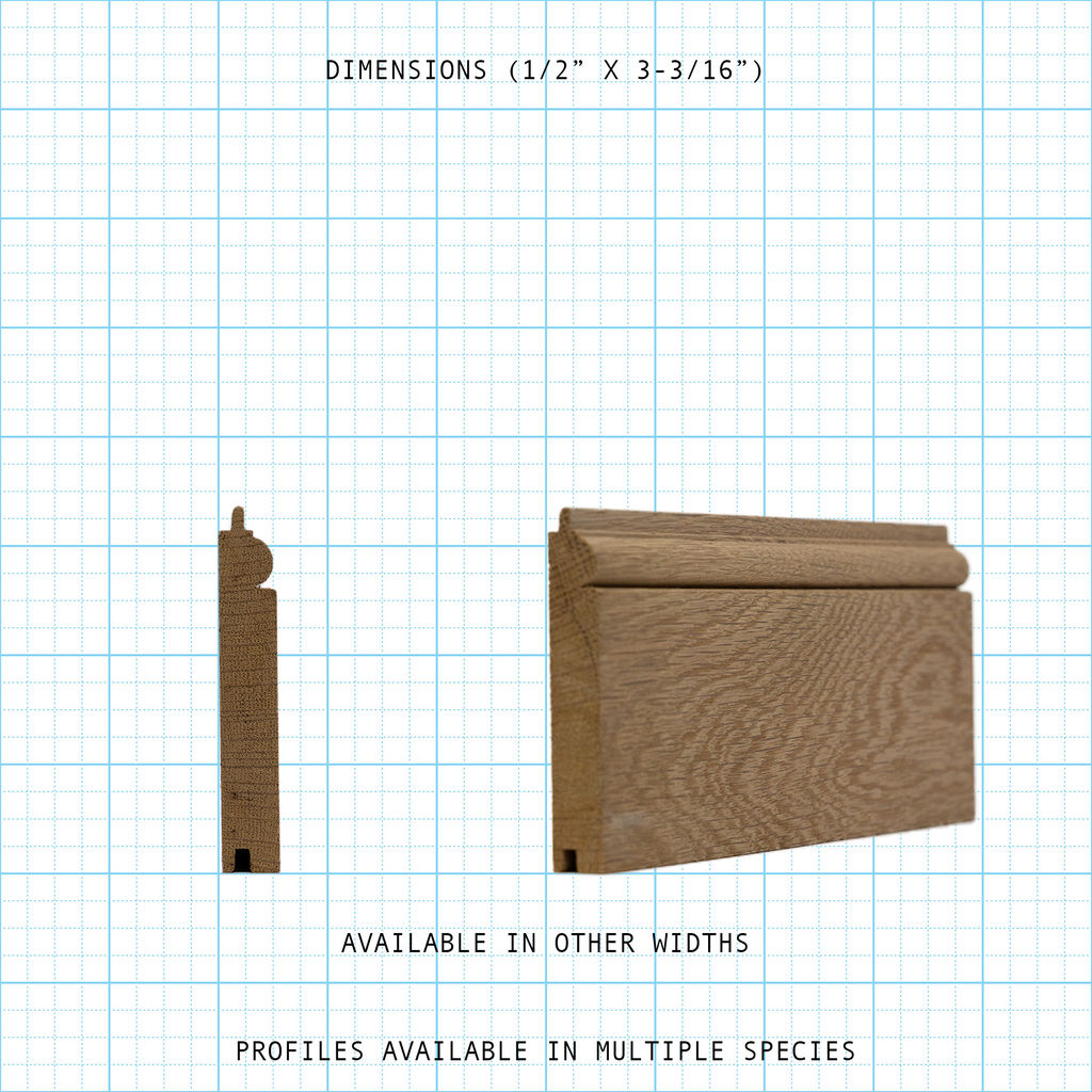 Paneling wainscot molding profile diagram, 1/2" x 3-3/16" dimensions.
