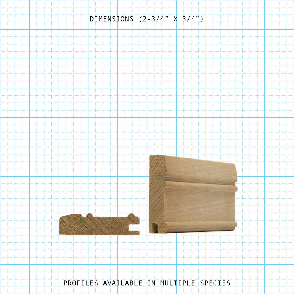 Paneling wainscot wood molding profile diagram, 2-3/4" x 3/4" dimensions.