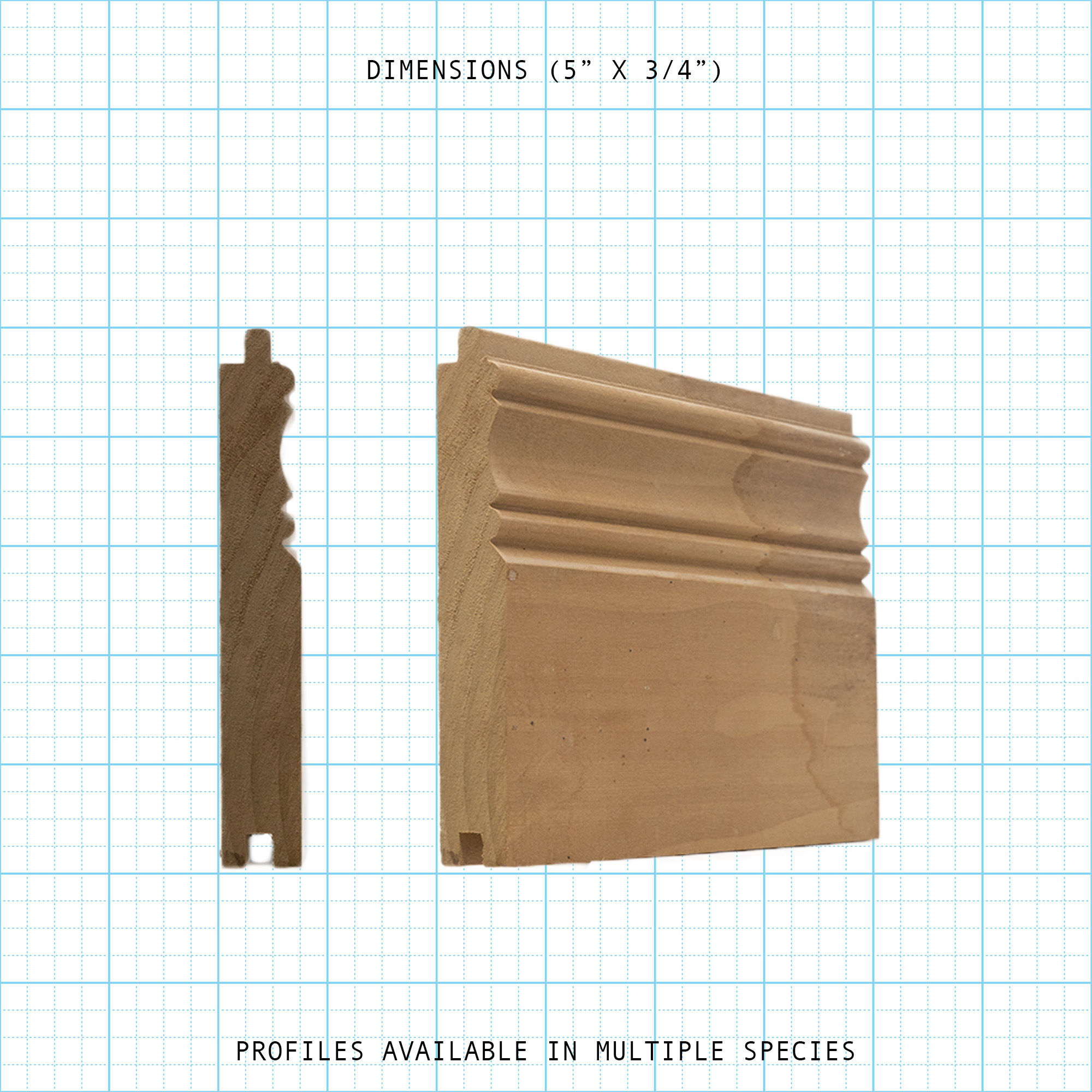 Paneling wainscot wood molding profile diagram, 5" x 3/4" dimensions.
