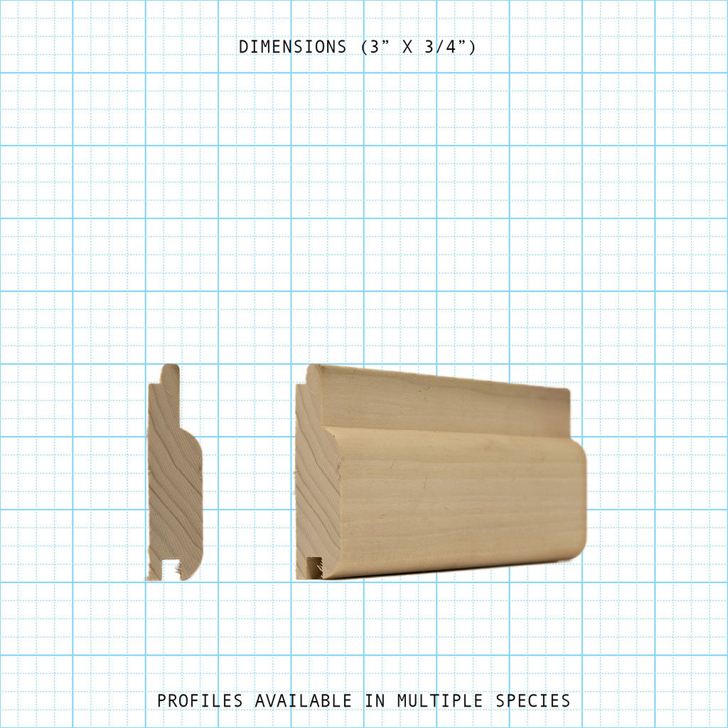 Paneling wainscot molding profile diagram, 3" x 3/4" dimensions.