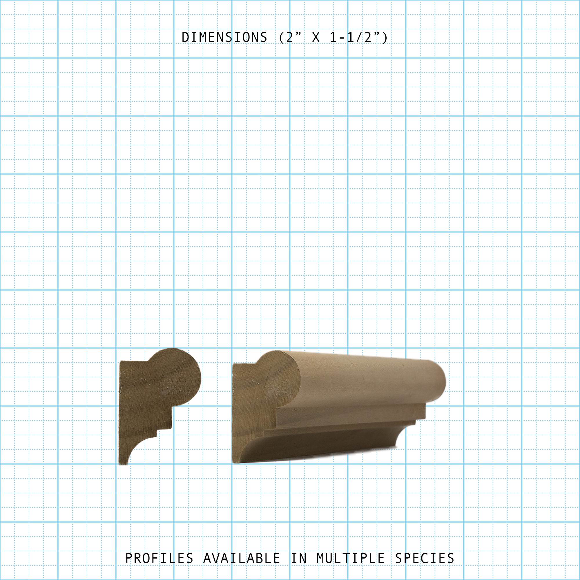 Picture frame wood molding profile diagram, 2" x 1-1/2" dimensions.