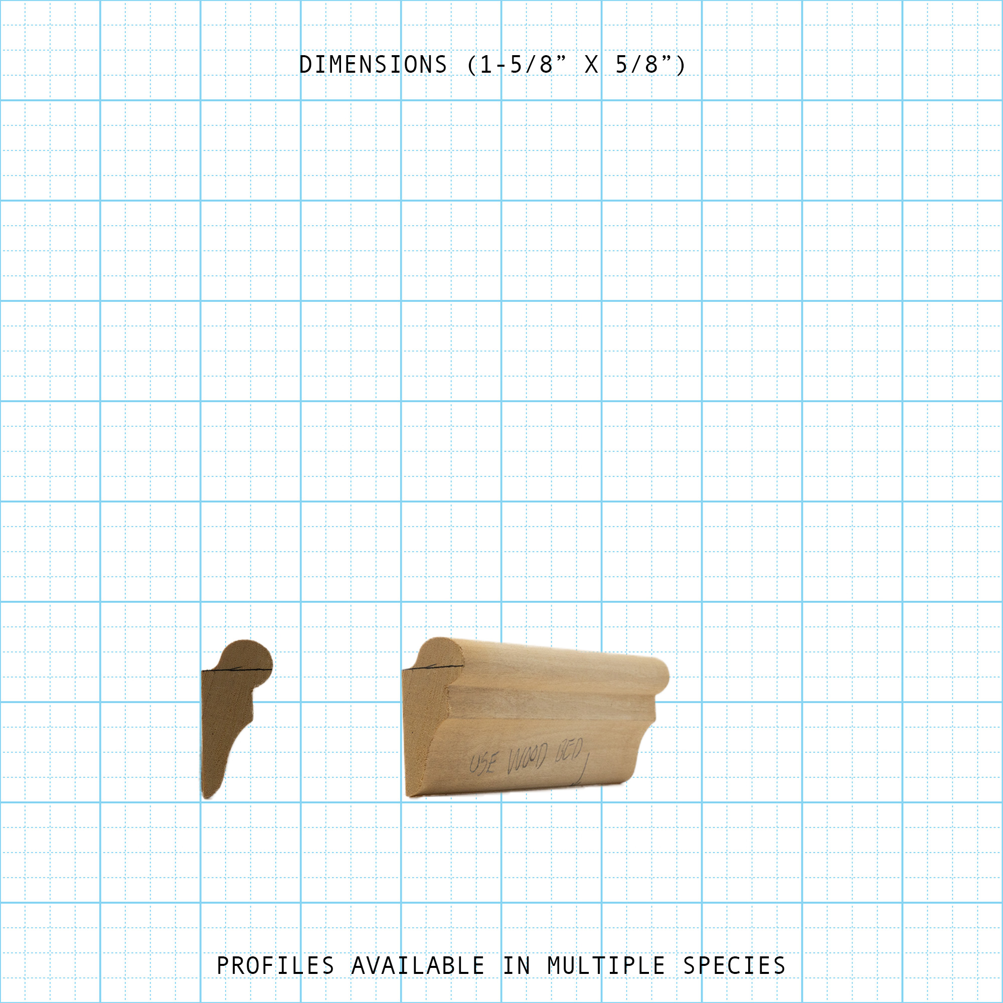 Picture frame wood molding profile diagram, 1-5/8" x 5/8" dimensions.
