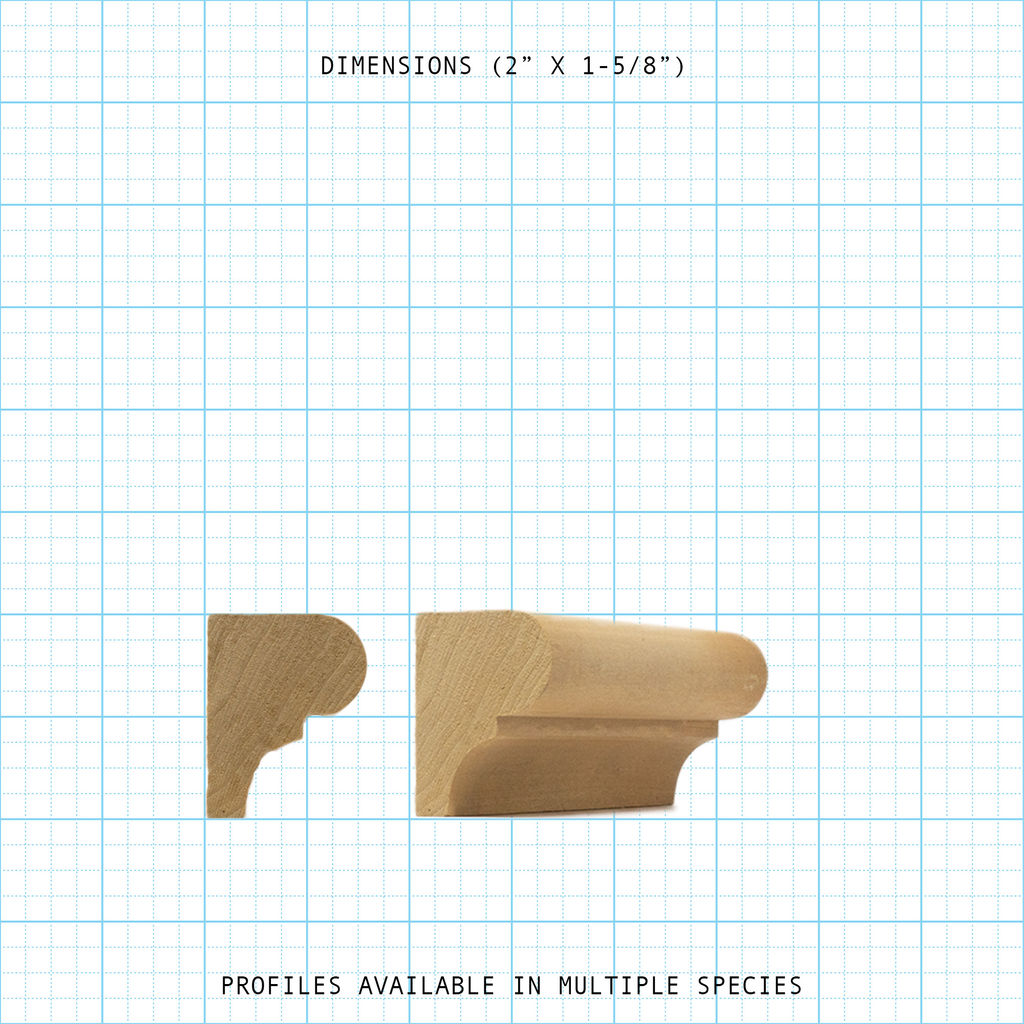 Solid crown wood molding profile diagram, 2" x 1-5/8" dimensions.