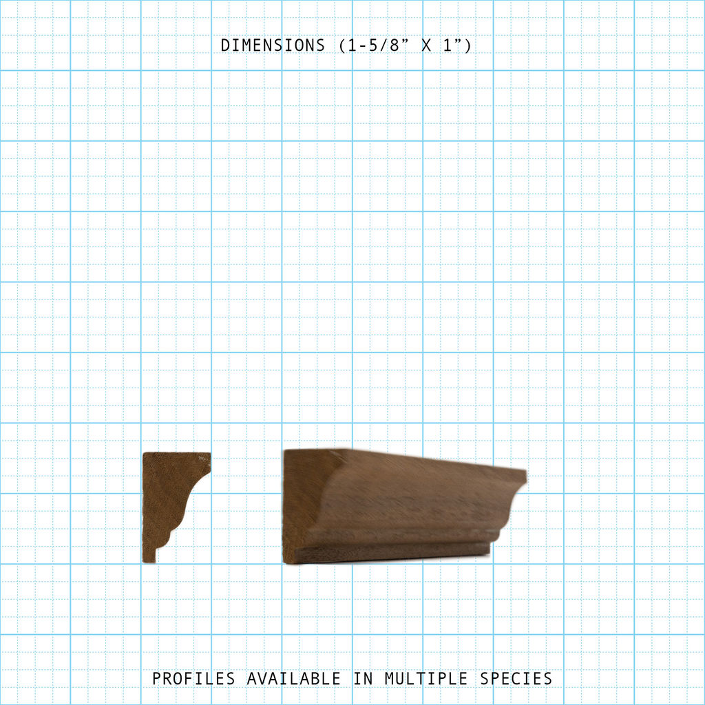 Architectural wood trim profile diagram, 1-5/8" x 1" dimensions.