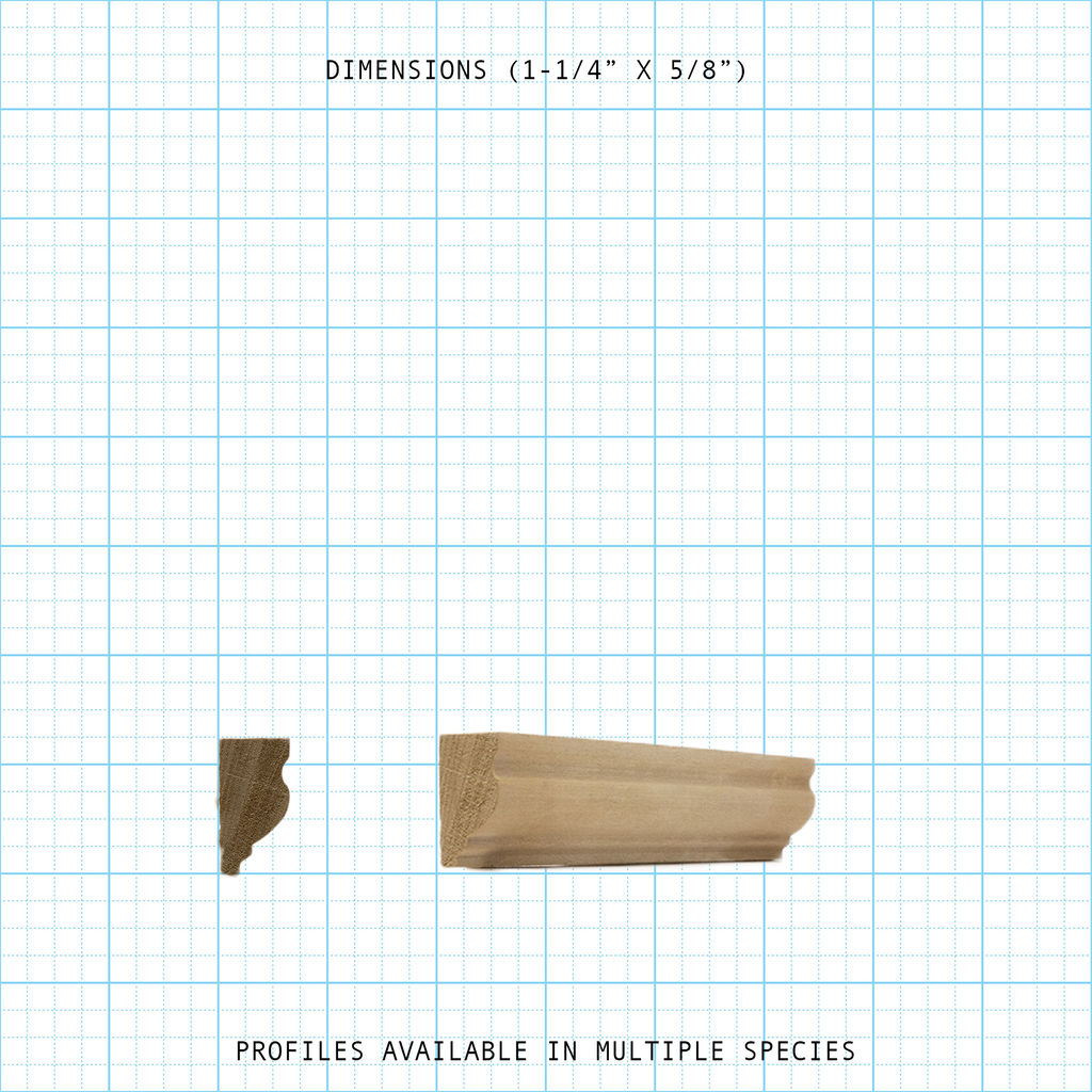 Architectural wood trim profile diagram, 1-1/4" x 5/8" dimensions.