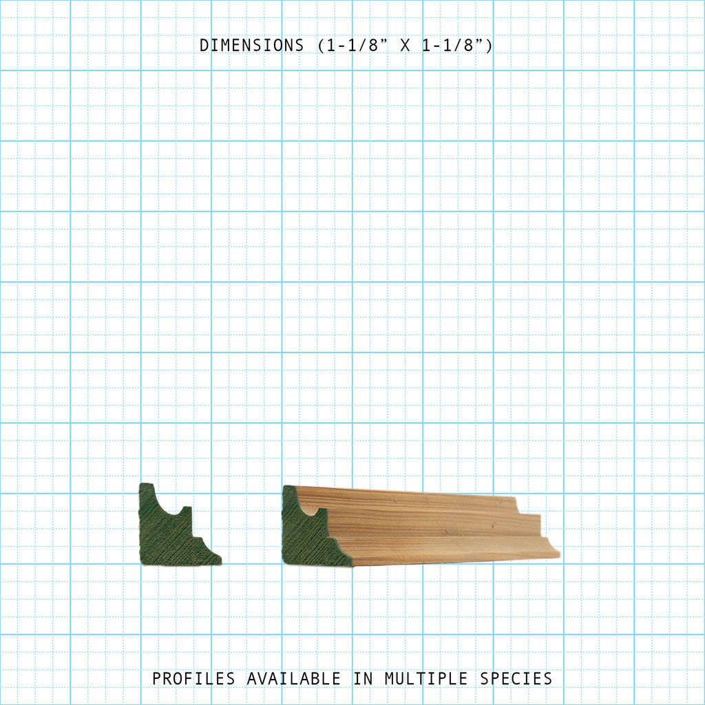 Architectural wood trim profile diagram, 1-1/8" x 1-1/8" dimensions.