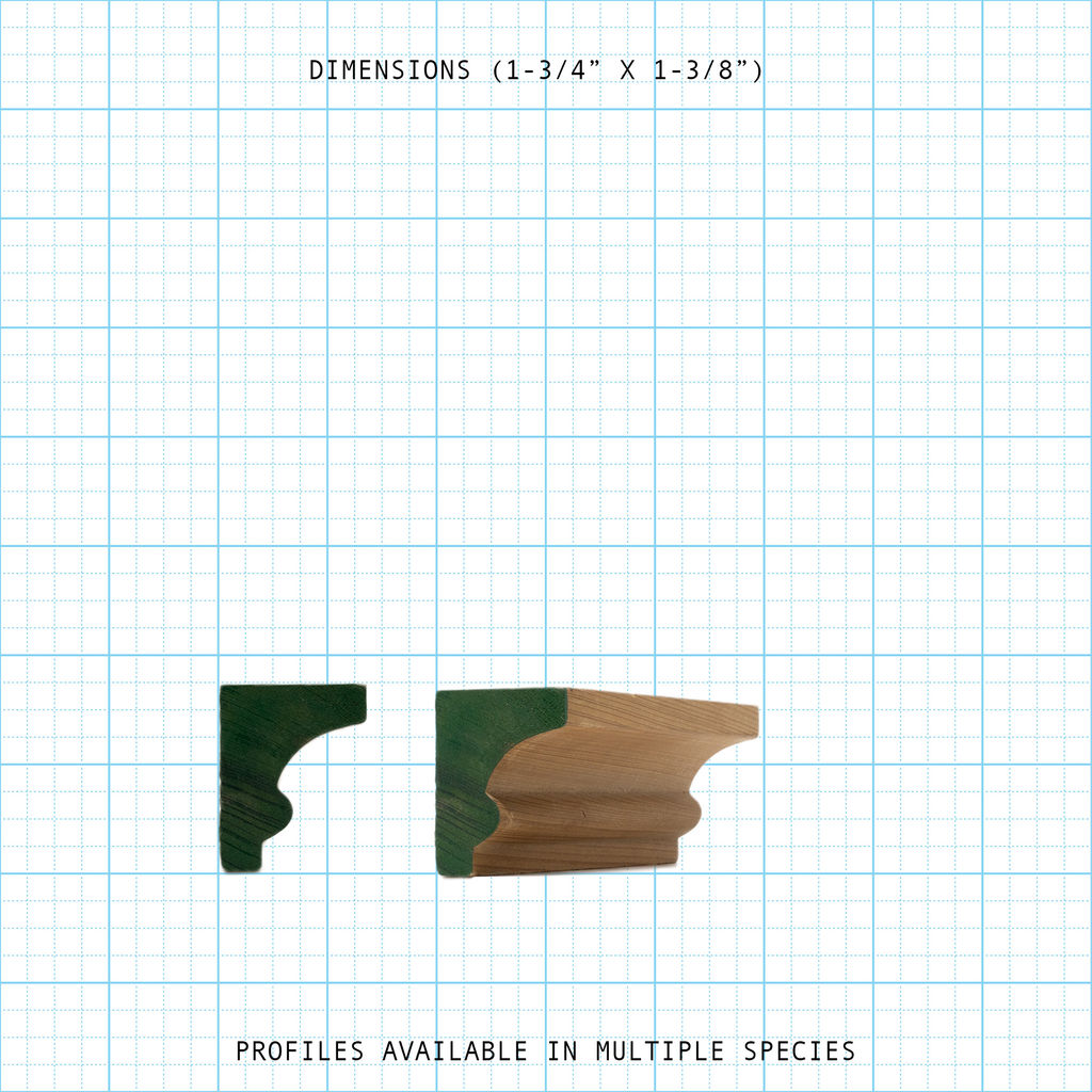 Solid crown wood molding profile diagram, 1-3/4" x 1-3/8" dimensions.