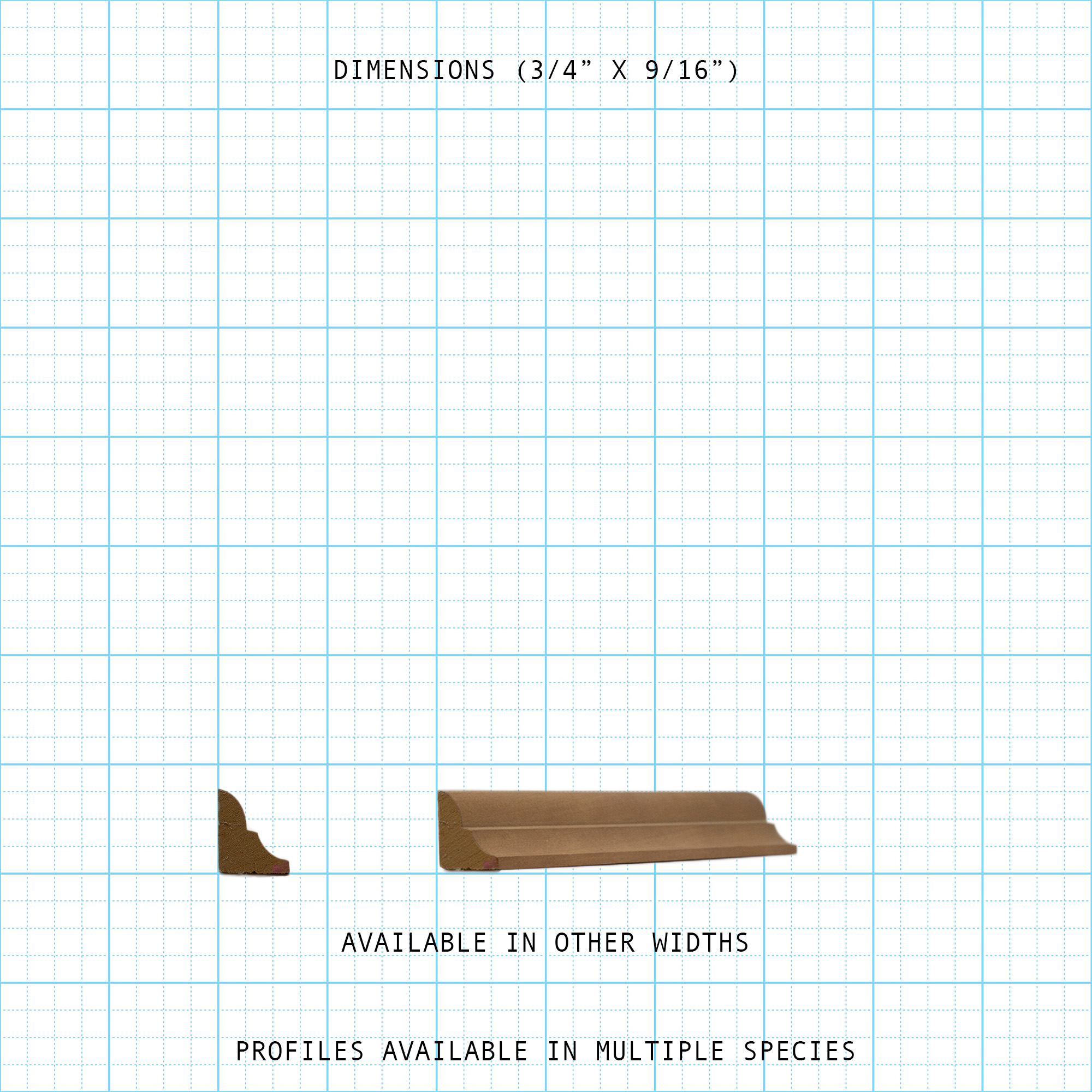 Solid crown wood molding profile diagram, 3/4" x 9/16" dimensions.