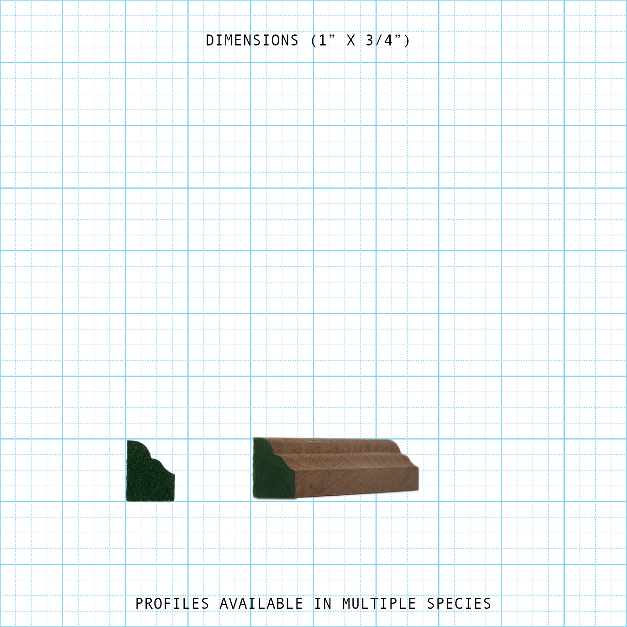 Solid crown wood molding profile diagram, 1" x 3/4" dimensions.