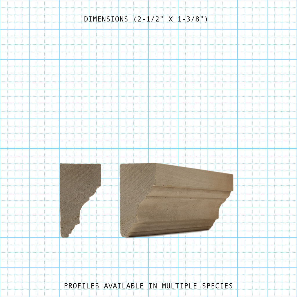 Solid crown wood molding profile diagram, 2-1/2" x 1-3/8" dimensions.
