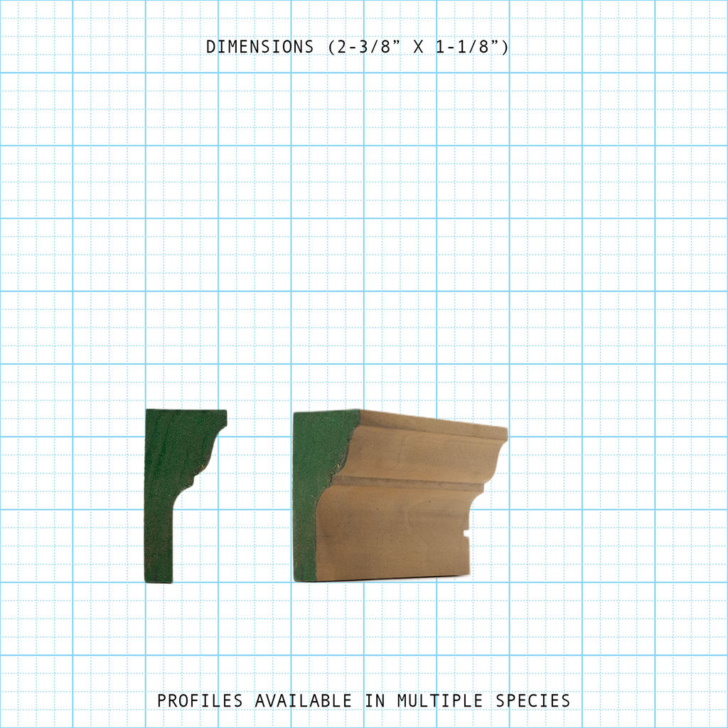 Solid crown wood molding profile diagram, 2-3/8" x 1-1/8" dimensions.