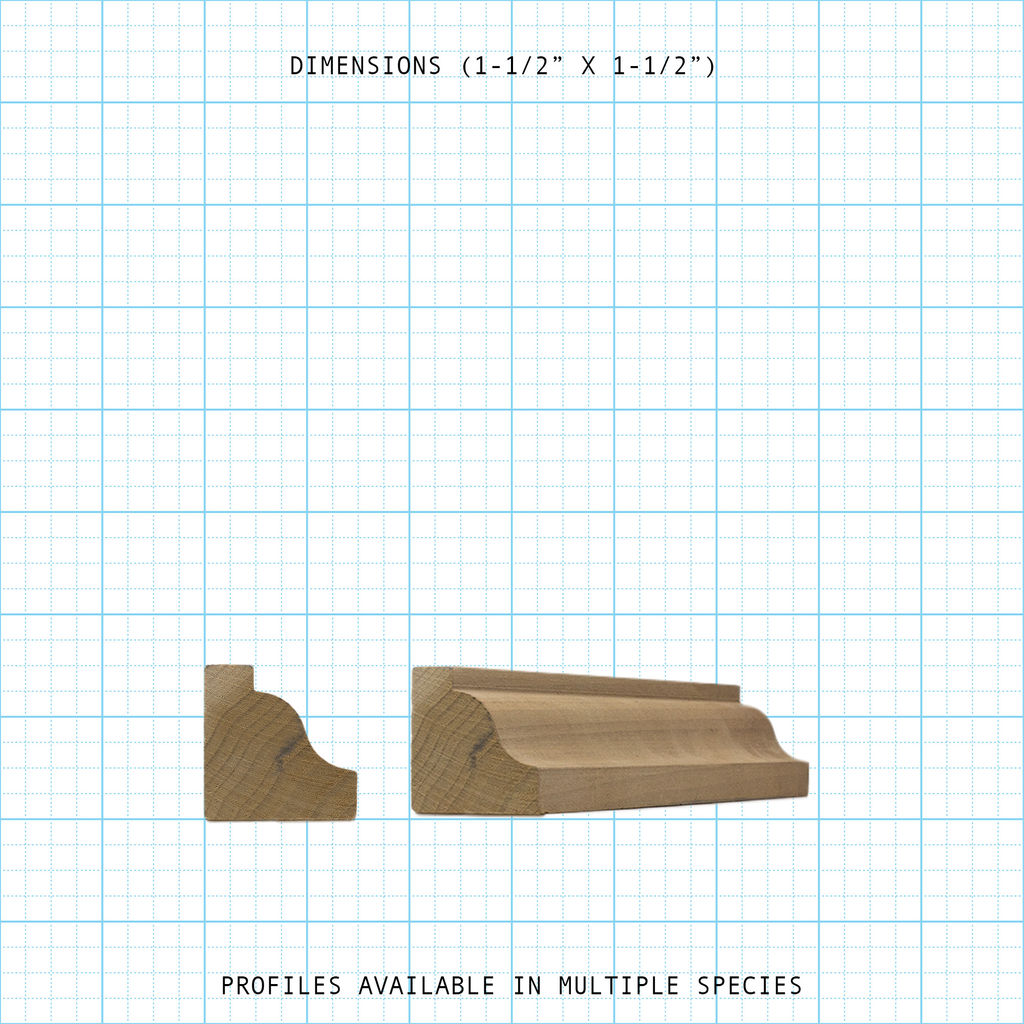 Solid crown wood molding profile diagram, 1-1/2" x 1-1/2" dimensions.