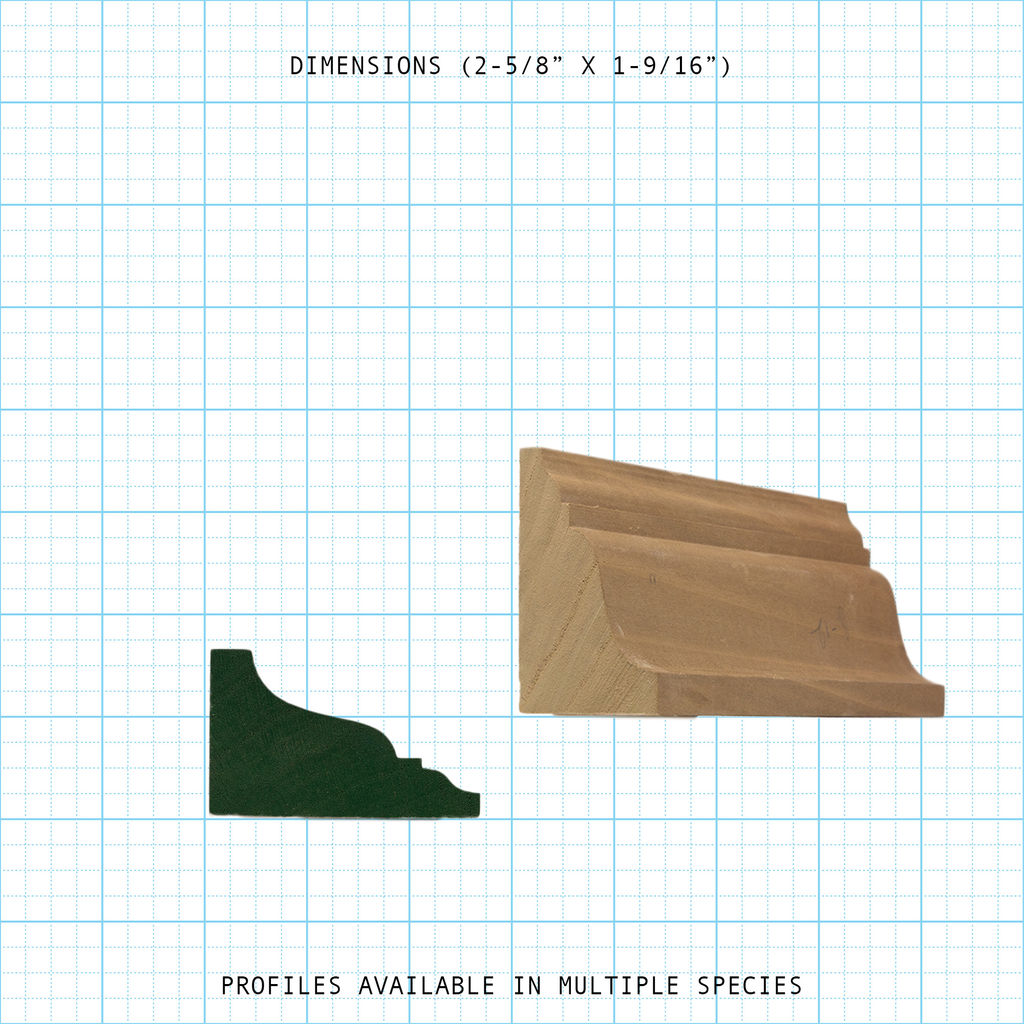 Solid crown wood molding profile diagram, 2-5/8" x 1-9/16" dimensions.