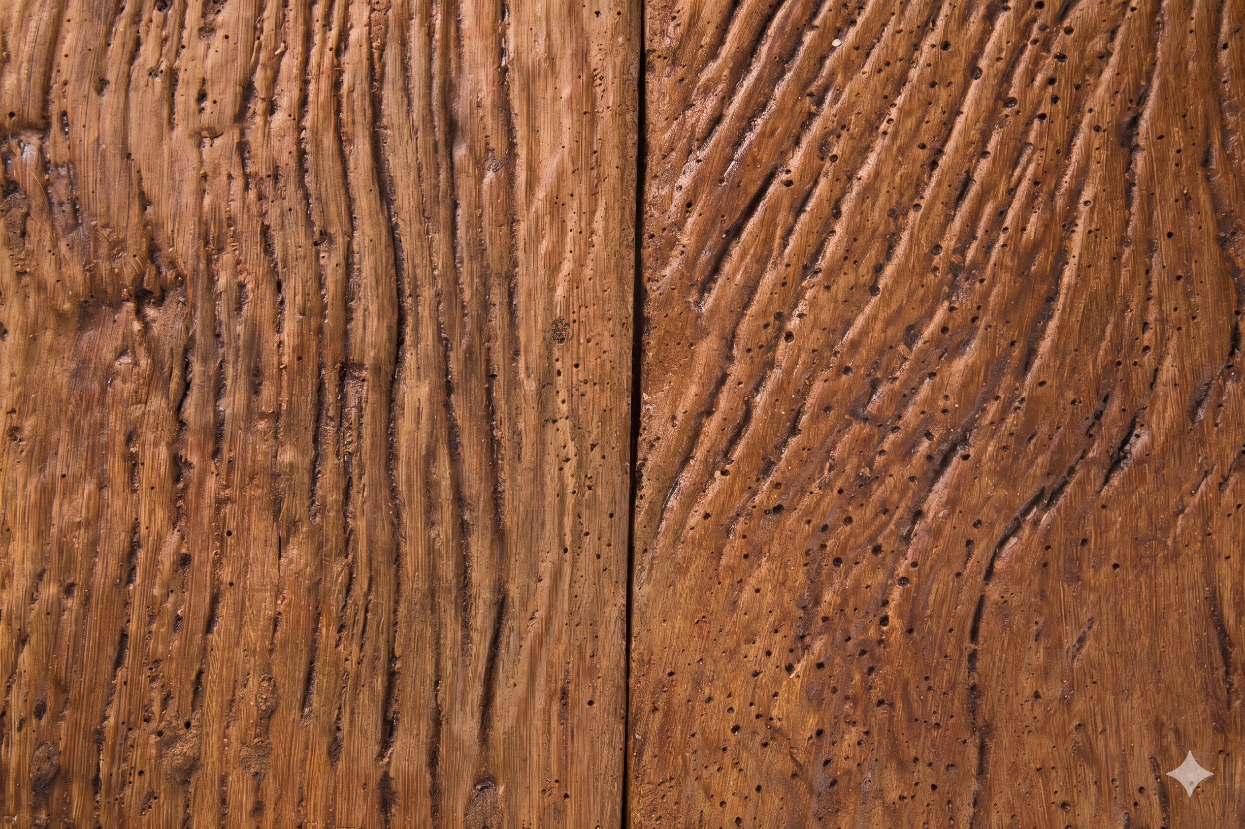 Close-up texture of distressed weathered wood with natural pitted grain.